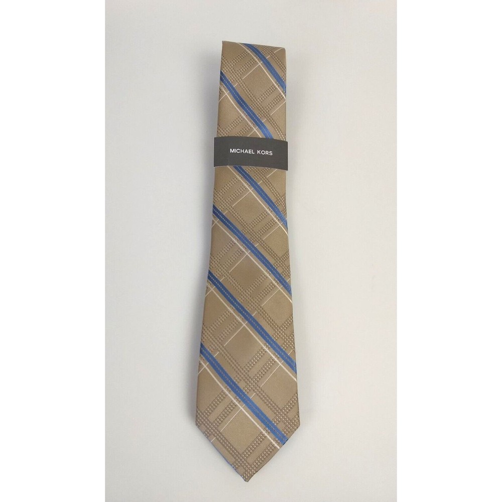 Michael Kors Men's Railroad Plaid Neck Tie Khaki Blue & White Striped NEW